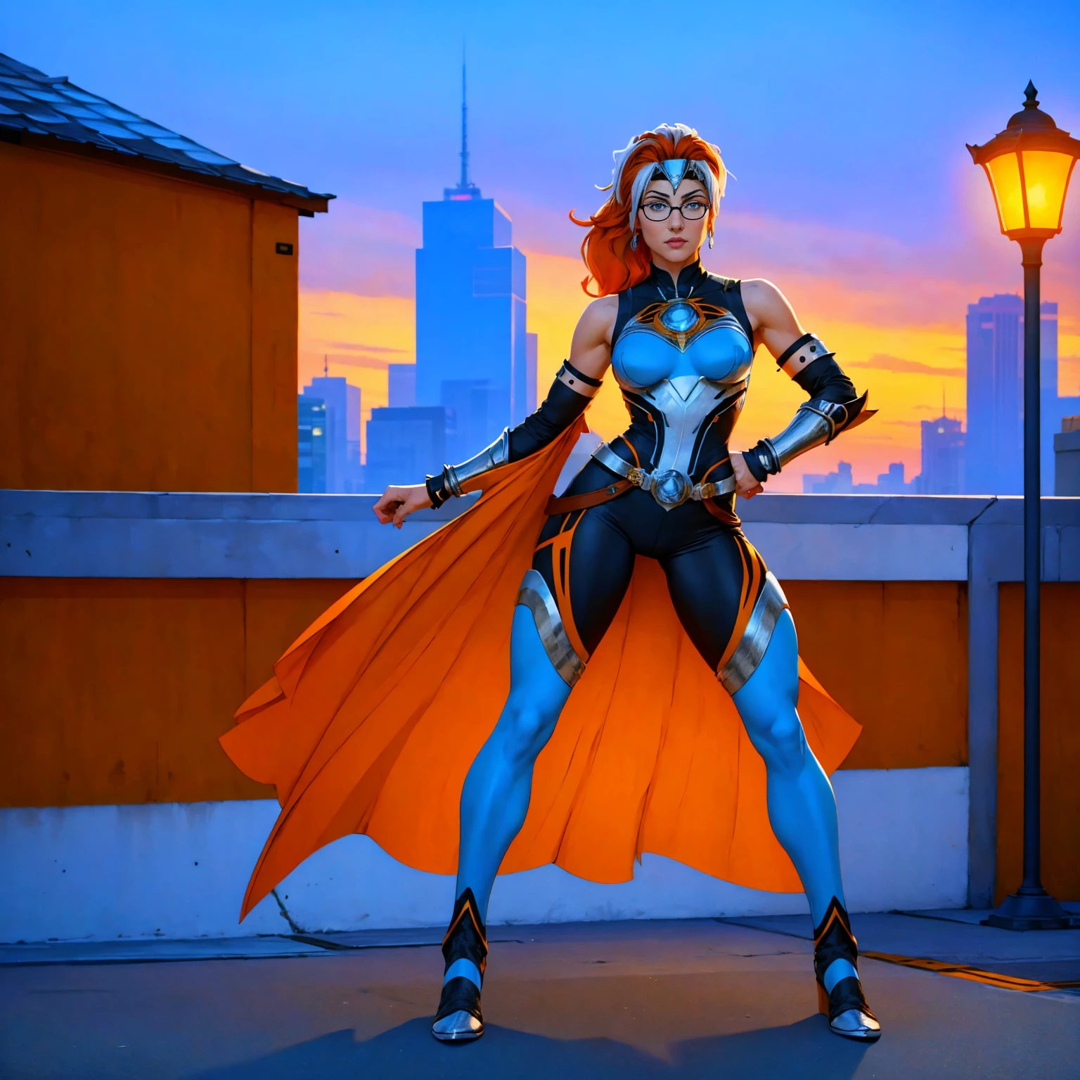 ((Full body photo, standing, feet on the floor)) (best quality,4k,8k,highres,masterpiece:1.2),ultra-detailed,(realistic,photorealistic,photo-realistic:1.37),full body shot,Rogue,X-Men,yellow thigh high boots,beauty pose, standing tall, show feet, outside, city rooftop at night, green headband, with Ponytail, Light Blue Eyes, Round Glasses with a Slightly Dark Lens with this Lens being Orange, and the Light Blue Color frame, ((Black Metallic Gauntlets and Greaves with Orange and Silver Highlights)), (((The Clothes Have a Mix of Modern and Tribal))), (((The Clothes Have a Mix of Modern and Tribal))), having mostly the color black, but having parts in orange, shoulders exposed, at the hip a shorts that extend to half of the thigh of black color.