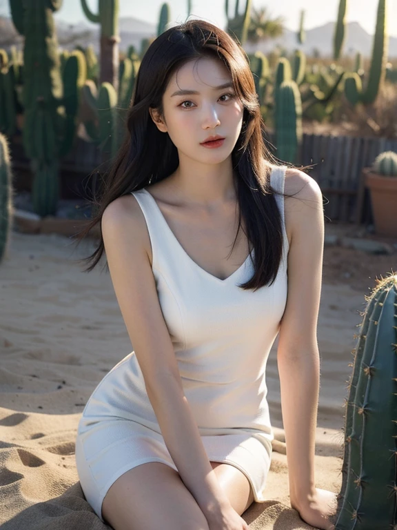 janggyuri,1girl, dynamic angle, desert, (cactus) sit in , white dress, with golden accessories,light tracing, (windy dust:1.2) in the foreground,(floating hair:1.1),
hot sun,(from below shot),professional model,
(photorealistic:1.4), official art, fractal art,unity 8k wallpaper, ultra detailed, beautiful and aesthetic,look at viewer, masterpiece,best quality, glowing skin, cinematic lighting