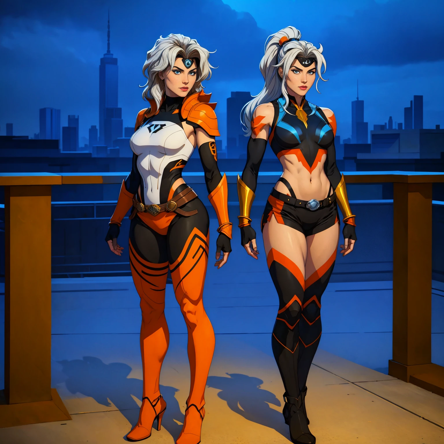 ((Full body photo, standing, feet on the floor)) (best quality,4k,8k,highres,masterpiece:1.2),ultra-detailed,(realistic,photorealistic,photo-realistic:1.37),full body shot,Rogue,X-Men,yellow thigh high boots,beauty pose, standing tall, show feet, outside, city rooftop at night, green headband, with Ponytail, Light Blue Eyes, Round Glasses with a Slightly Dark Lens with this Lens being Orange, and the Light Blue Color frame, ((Black Metallic Gauntlets and Greaves with Orange and Silver Highlights)), (((The Clothes Have a Mix of Modern and Tribal))), (((The Clothes Have a Mix of Modern and Tribal))), having mostly the color black, but having parts in orange, shoulders exposed, at the hip a shorts that extend to half of the thigh of black color.