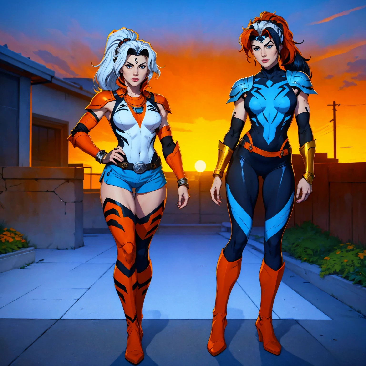 ((Full body photo, standing, feet on the floor)) (best quality,4k,8k,highres,masterpiece:1.2),ultra-detailed,(realistic,photorealistic,photo-realistic:1.37),full body shot,Rogue,X-Men,yellow thigh high boots,beauty pose, standing tall, show feet, outside, city rooftop at night, green headband, with Ponytail, Light Blue Eyes, Round Glasses with a Slightly Dark Lens with this Lens being Orange, and the Light Blue Color frame, ((Black Metallic Gauntlets and Greaves with Orange and Silver Highlights)), (((The Clothes Have a Mix of Modern and Tribal))), (((The Clothes Have a Mix of Modern and Tribal))), having mostly the color black, but having parts in orange, shoulders exposed, at the hip a shorts that extend to half of the thigh of black color.