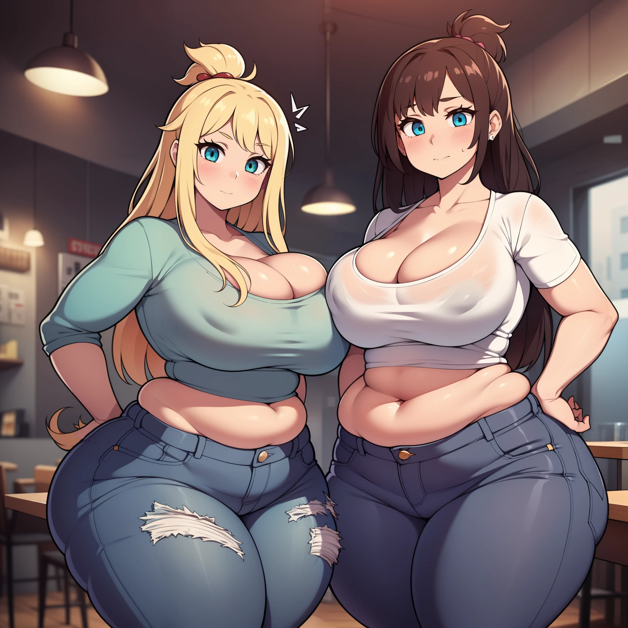 ((highres)), Masterpiece, high quality, best quality, beautiful, perfect lighting, detailed face, ultra cute face, ((2girls)), blush, one girl has blonde hair, blue eyes, crop top and shorts, one girl has brown hair, green eyes, jeans, white shirt, fast food restaurant, cleavage, medium breasts, ((wide hips)), (thick thighs), ((chubby)), chubby belly, belly grab, fat folds, standing next to each other,