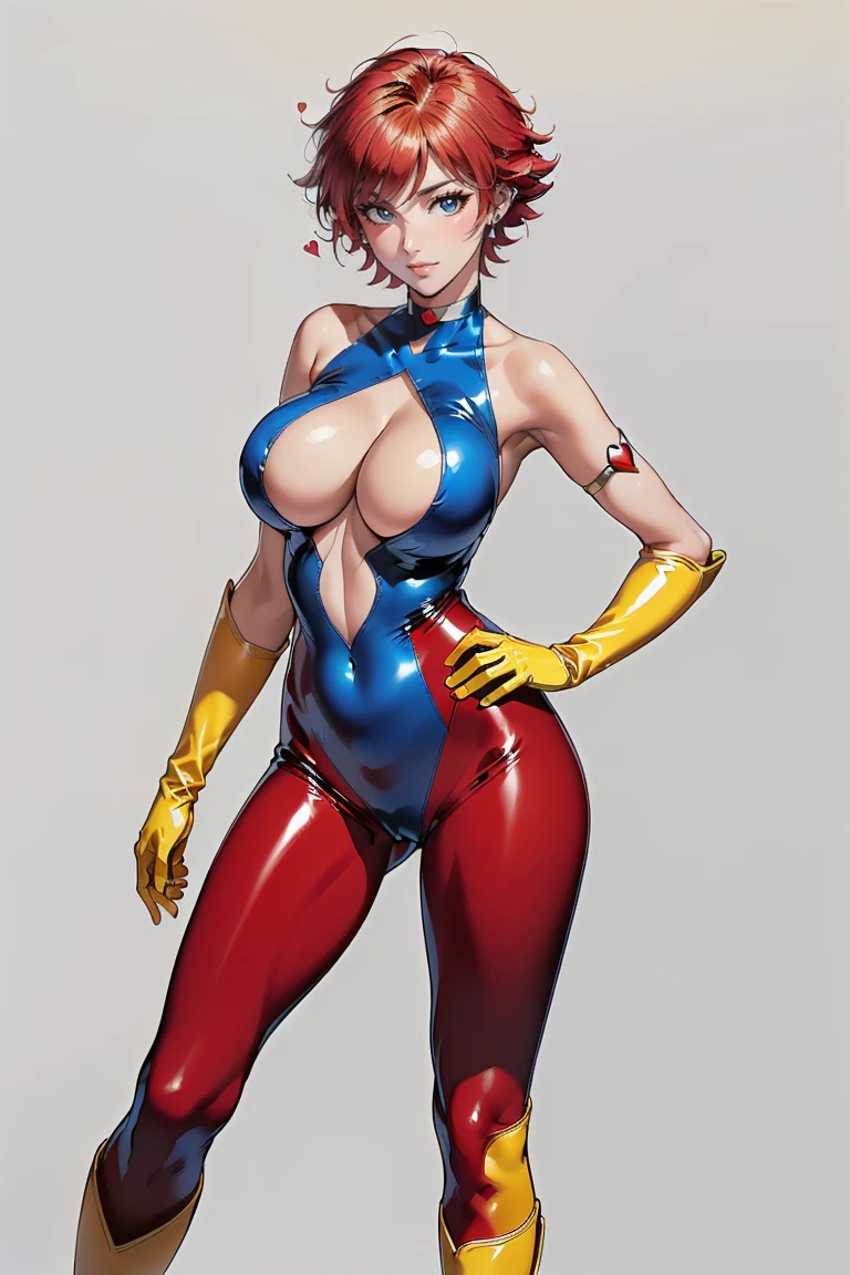 ((Masterpiece, top quality, high resolution, highly detailed CG unified 8K wallpaper)), (huge stunning goddess shot, very hot and sexy, jaw-dropping beauty, perfect proportions, beautiful body, slim body beauty:1.1), 1 woman, (cutie honey, Red hair, short hair, big eyes, Detailed face and eyes, staring at camera:1.3), (Blue and red tight suits, Detailed latex suit, glossy, blue tops, Red from belly to legs, Detailed, midrift top, cleavage cutout, cleavage, bare shoulders, bare backs, choker with heart symbol, yellow gloves, elbow gloves, yellow  boots, long boots, armlet:1.4), hands on hips, feet spread apart, smile, Dynamic angle, action pose, android girl, machine background,