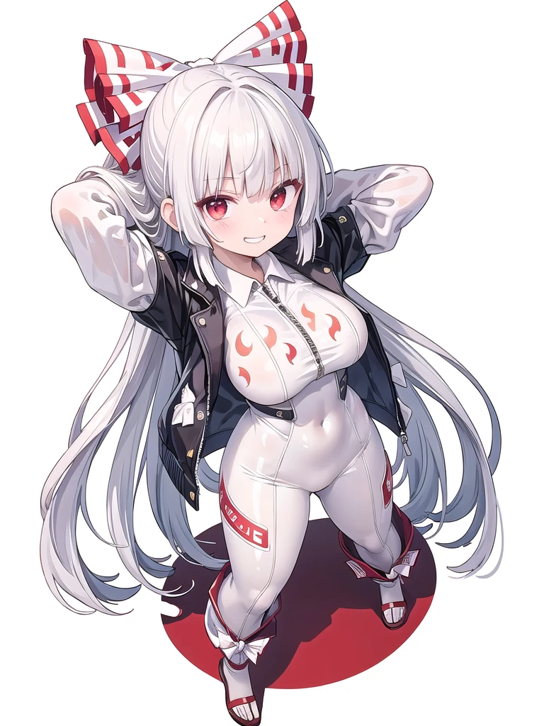 (((high quality))),(((masterpiece))),(((highly detailed))),((illustration style)),
(((fujiwara no mokou))),(touhou),(((red eyes))),(((long hair,white hair,bangs,hime cut)))),(((hair bow, white bow))),(((white leather jacket))),(((Flame Pattern print red full bodysuit))),((latex)), (shiny clothes:1.2),(((grin))),(((large breasts))),(((full body))),(((arm behind head))),(((model posing))),((((simple white background))),(((Angle from above)))