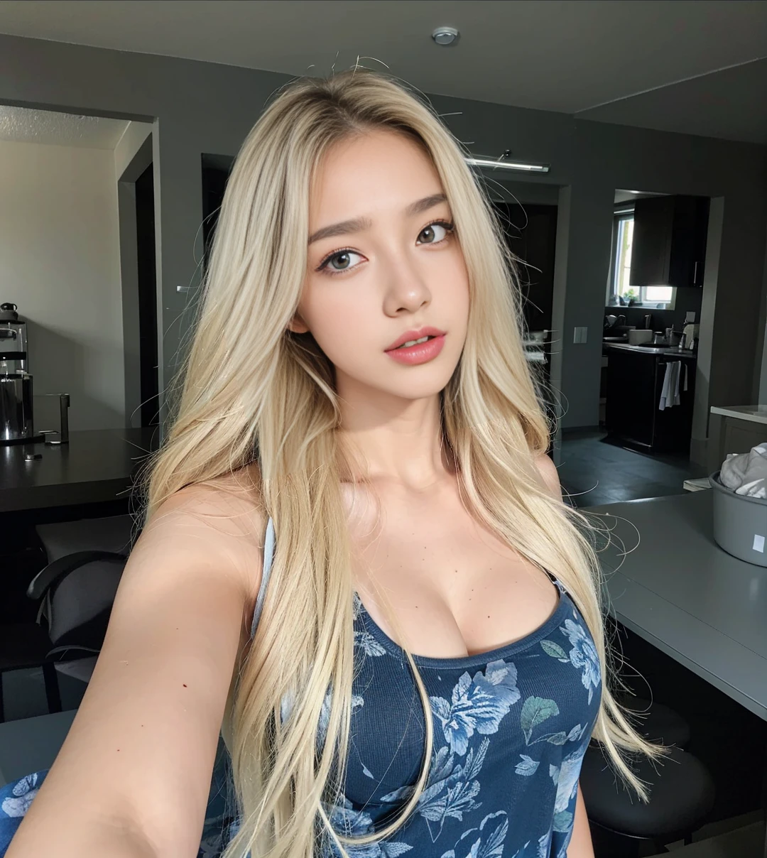 best qualtiy, masterpiece, ultra high resolution, realisticlying, Kizi, bshoulders,thin tank top, huge breasts.