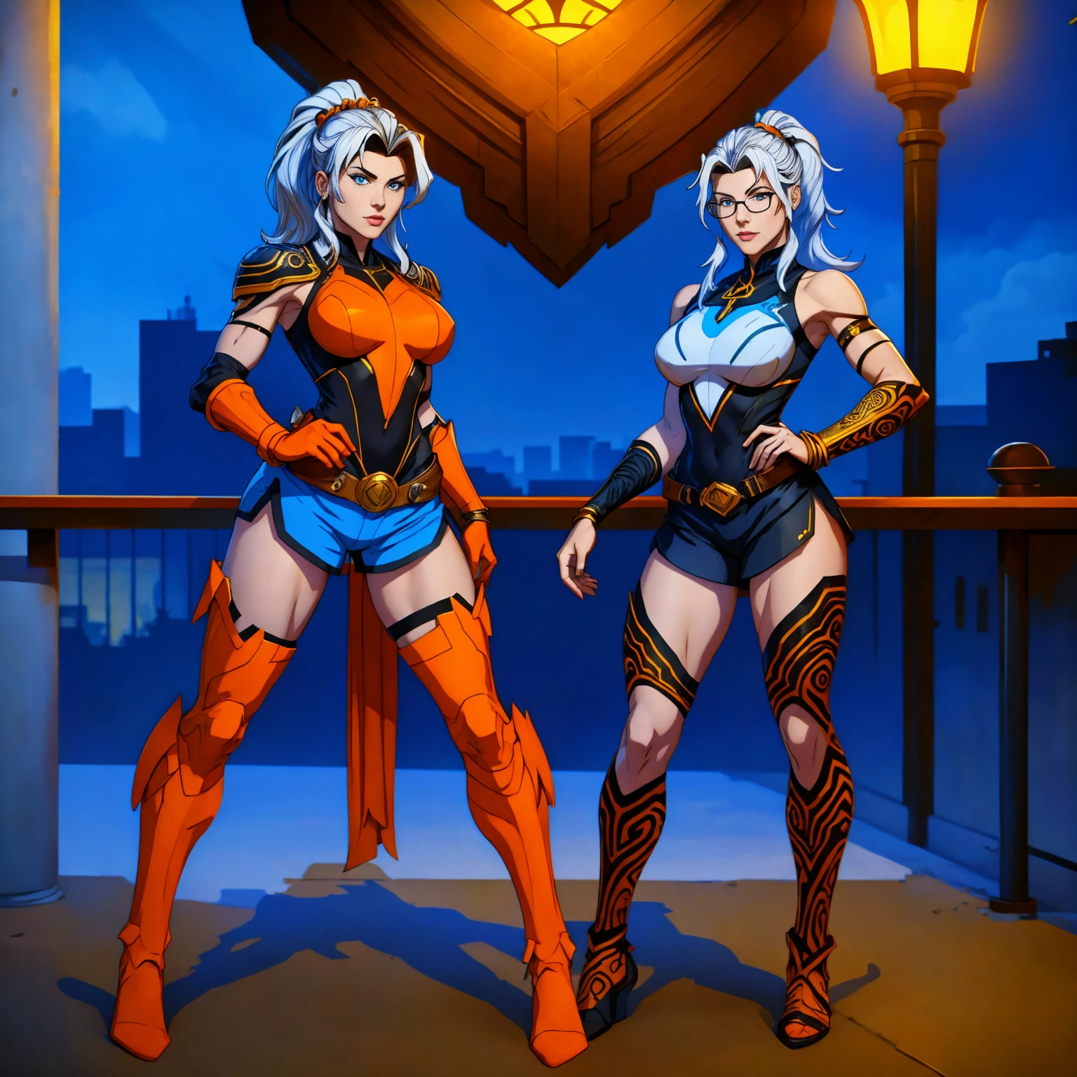 ((Full body photo, standing, feet on the floor)) (best quality,4k,8k,highres,masterpiece:1.2),ultra-detailed,(realistic,photorealistic,photo-realistic:1.37),full body shot,Rogue,X-Men,yellow thigh high boots,beauty pose, standing tall, show feet, outside, city rooftop at night, green headband, with Ponytail, Light Blue Eyes, Round Glasses with a Slightly Dark Lens with this Lens being Orange, and the Light Blue Color frame, ((Black Metallic Gauntlets and Greaves with Orange and Silver Highlights)), (((The Clothes Have a Mix of Modern and Tribal))), (((The Clothes Have a Mix of Modern and Tribal))), having mostly the color black, but having parts in orange, shoulders exposed, at the hip a shorts that extend to half of the thigh of black color.