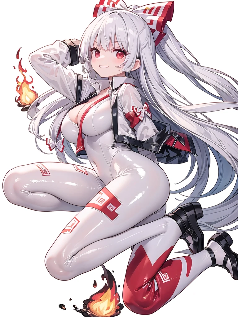 (((high quality))),(((masterpiece))),(((highly detailed))),((illustration style)),
(((fujiwara no mokou))),(touhou),(((red eyes))),(((long hair,white hair,bangs,hime cut)))),(((hair bow, white bow))),(((white leather jacket))),(((Flame Pattern print red full bodysuit))),((latex)), (shiny clothes:1.2),(((grin))),(((large breasts))),(((full body))),(((arm behind head))),(((model posing))),((((simple white background))),(((Side angle)))