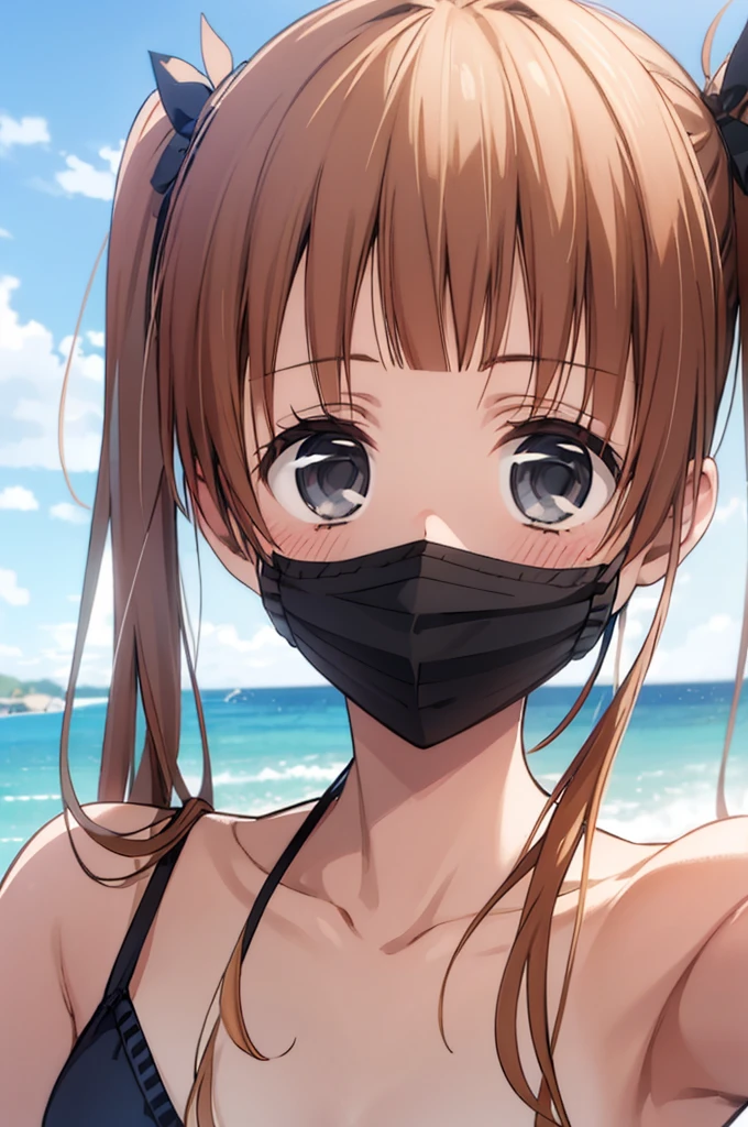 masterpiece, best quality, game cg, 1boy, solo, male focus, looking at viewer, , , nino_arisugawa, brown hair, black eyes, long hair, twintails, low twintails, mask, bikini,selfie