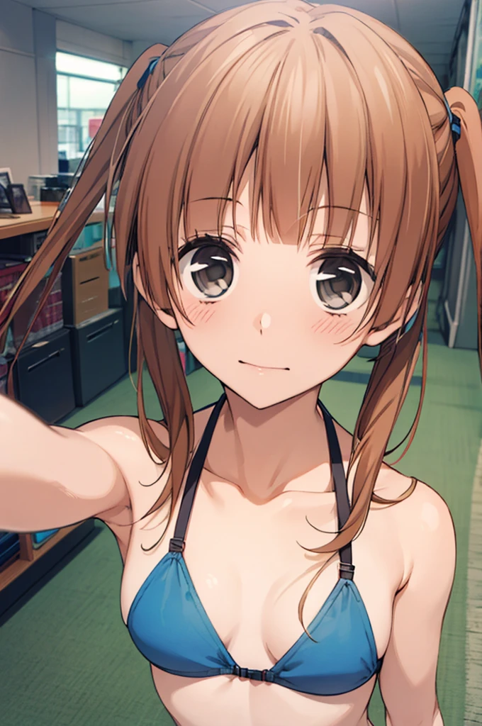 masterpiece, best quality, game cg, 1boy, solo, male focus, looking at viewer, , , nino_arisugawa, brown hair, black eyes, long hair, twintails, low twintails, mask, bikini,selfie