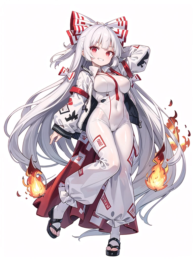 (((high quality))),(((masterpiece))),(((highly detailed))),((illustration style)),
(((fujiwara no mokou))),(touhou),(((red eyes))),(((long hair,white hair,bangs,hime cut)))),(((hair bow, white bow))),(((white leather jacket))),(((Flame Pattern print red full bodysuit))),((latex)), (shiny clothes:1.2),(((grin))),(((large breasts))),(((full body))),(((arm behind head))),(((model posing))),((((simple white background))),(((Diagonal angle)))