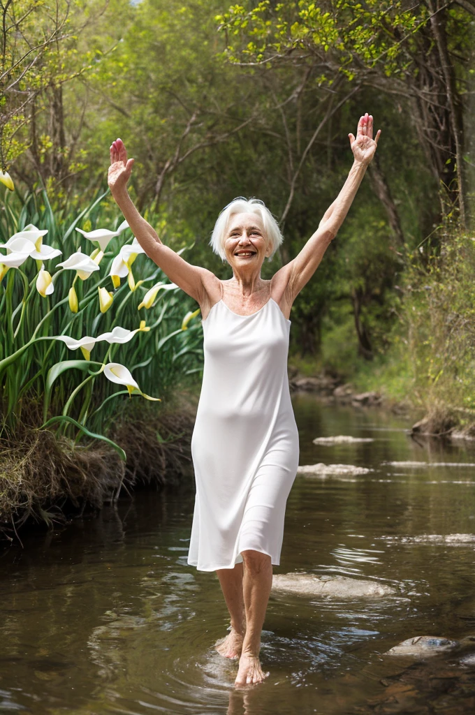 Old woman with abundant white hair, with a wide smile, Arms raised , short loose gauze dress, Red color, barefoot walking through a stream of transparent water, trail of calla lilies and lilac daisies, old hut, sunny atmosphere