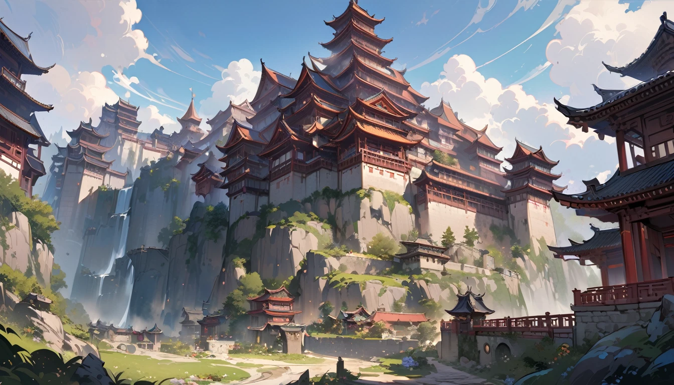 Highest quality,masterpiece,Chinese style castle,landscape,There are no humans,Fantasy,Charming streetscape,Concept Art,Fantasy,high resolution,4K,Atmospheric,Detailed Description,ground-level shot