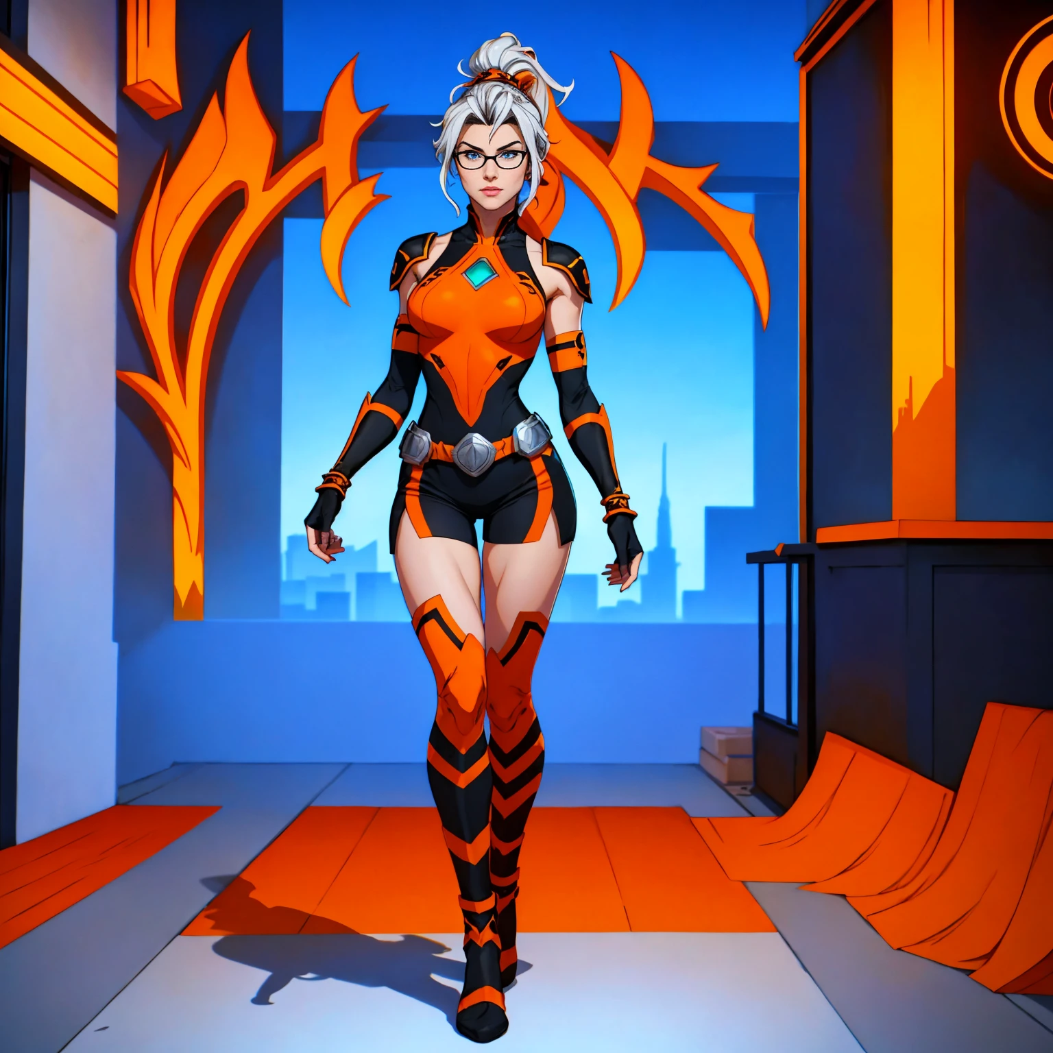 ((Full body photo, standing, feet on the floor)) (best quality,4k,8k,highres,masterpiece:1.2),ultra-detailed,(realistic,photorealistic,photo-realistic:1.37),full body shot,Rogue,X-Men,yellow thigh high boots,beauty pose, standing tall, show feet, outside, city rooftop at night, green headband, with Ponytail, Light Blue Eyes, Round Glasses with a Slightly Dark Lens with this Lens being Orange, and the Light Blue Color frame, ((Black Metallic Gauntlets and Greaves with Orange and Silver Highlights)), (((The Clothes Have a Mix of Modern and Tribal))), (((The Clothes Have a Mix of Modern and Tribal))), having mostly the color black, but having parts in orange, shoulders exposed, at the hip a shorts that extend to half of the thigh of black color.