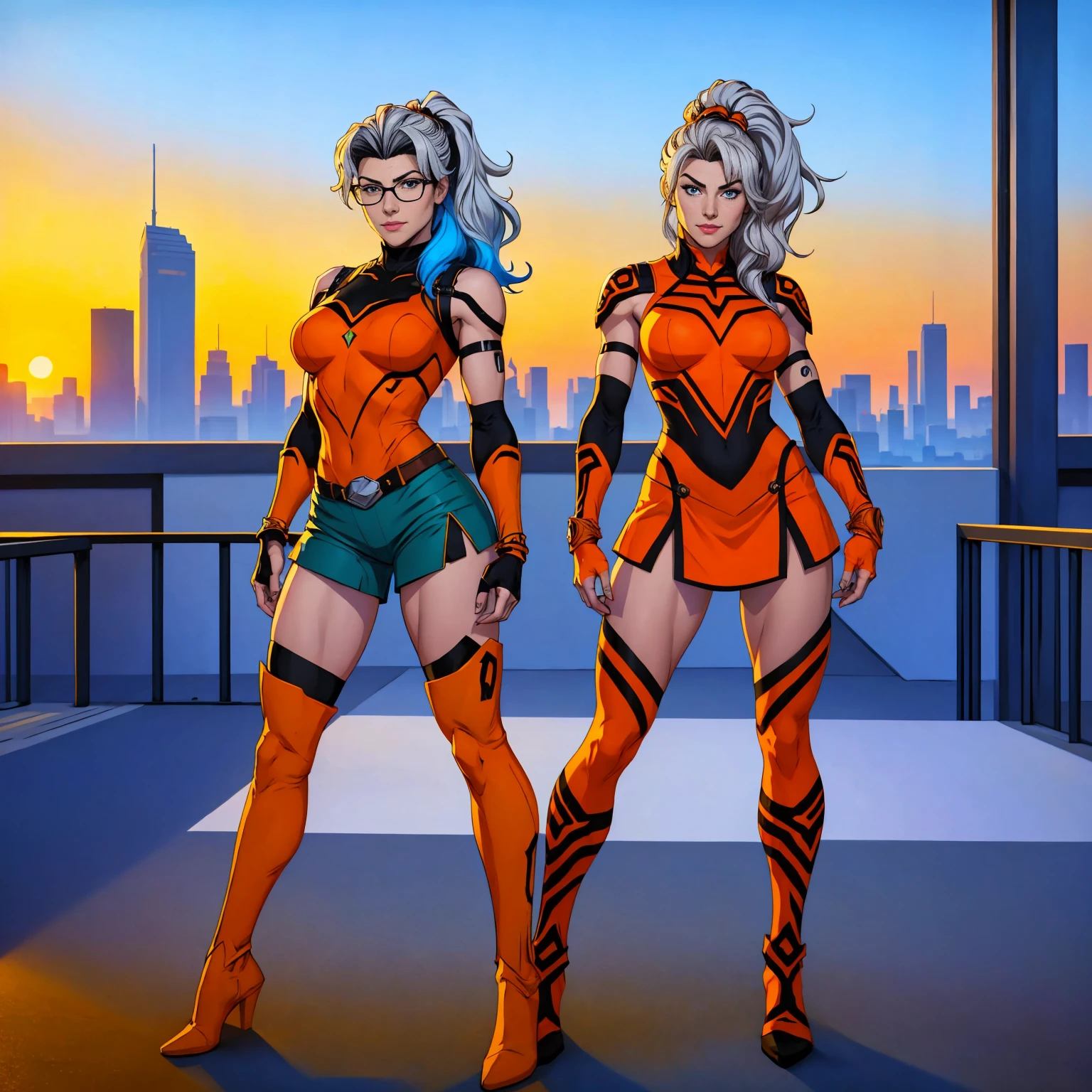 ((Full body photo, standing, feet on the floor)) (best quality,4k,8k,highres,masterpiece:1.2),ultra-detailed,(realistic,photorealistic,photo-realistic:1.37),full body shot,Rogue,X-Men,yellow thigh high boots,beauty pose, standing tall, show feet, outside, city rooftop at night, green headband, with Ponytail, Light Blue Eyes, Round Glasses with a Slightly Dark Lens with this Lens being Orange, and the Light Blue Color frame, ((Black Metallic Gauntlets and Greaves with Orange and Silver Highlights)), (((The Clothes Have a Mix of Modern and Tribal))), (((The Clothes Have a Mix of Modern and Tribal))), having mostly the color black, but having parts in orange, shoulders exposed, at the hip a shorts that extend to half of the thigh of black color.