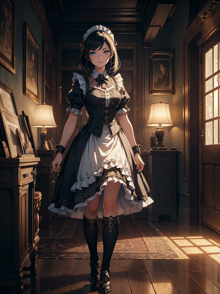 (masterpiece, high resolution,ultra - detailed:1.0),1 girl,Young and beautiful woman, eyes looking away from camera, Perfect female body, (full body), (steampunk Castle), Extremely detailed CG,Unity 8k wallpaper,Complicated details, solo person, (blue eyes), asian eyes, (medium black hair,Maid clothes,short sleeves, timid expression),Luxurious bedroom,(steampunk style),Dark night,Portrait,color difference, Depth of field,dramatic shadow, Ray tracing, Best quality, Cinematic lighting,offcial art,
