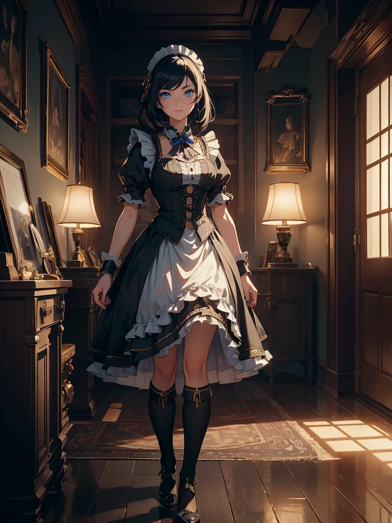 (masterpiece, high resolution,ultra - detailed:1.0),1 girl,Young and beautiful woman, eyes looking away from camera, Perfect female body, (full body), (steampunk Castle), Extremely detailed CG,Unity 8k wallpaper，Complicated details, solo person, (blue eyes), asian eyes, (medium black hair,Maid clothes,short sleeves, timid expression),Luxurious bedroom,(steampunk style),Dark night,Portrait,color difference, Depth of field,dramatic shadow, Ray tracing, Best quality, Cinematic lighting,offcial art,