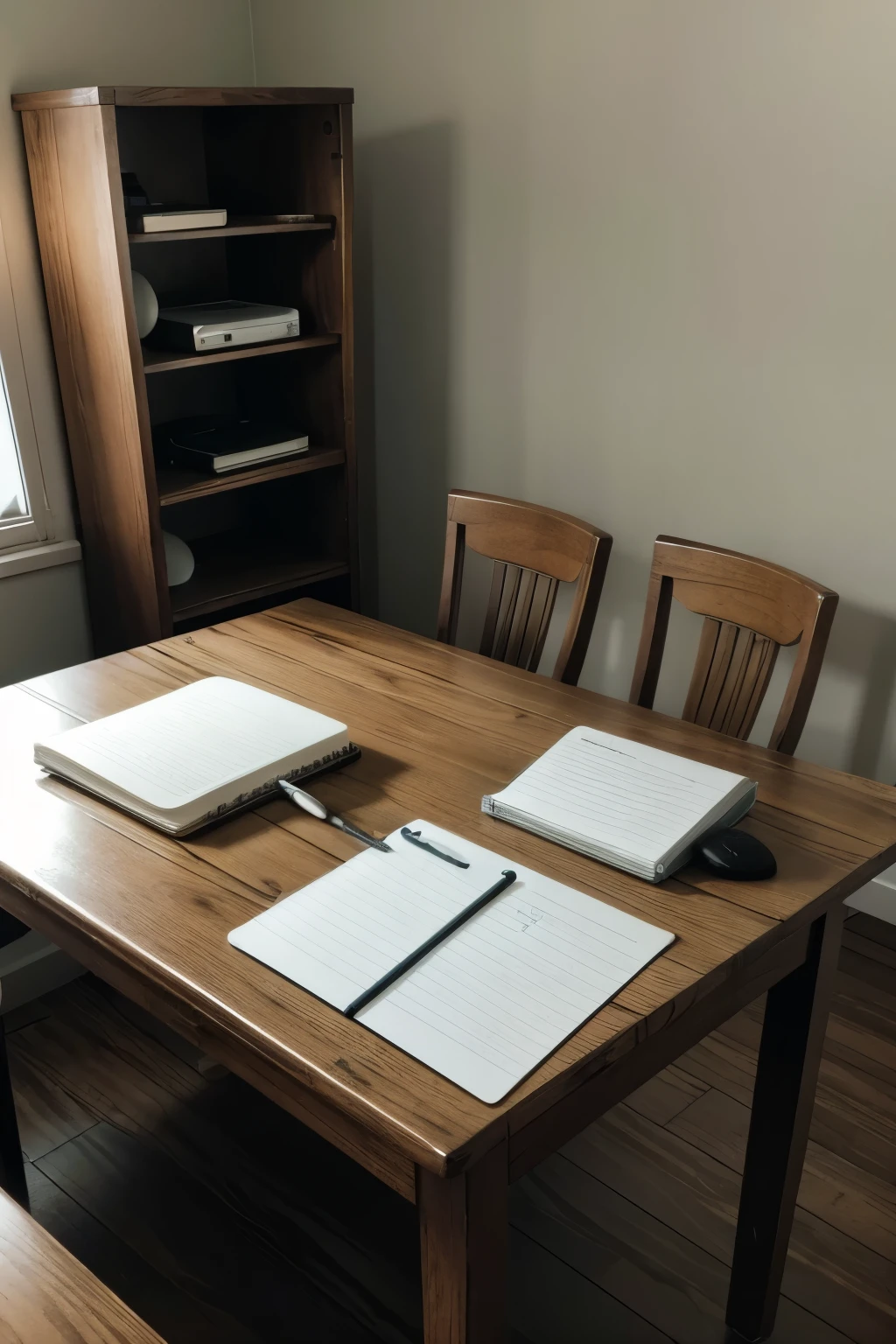 1 old wooden table, 1 old computer, 1 notepad