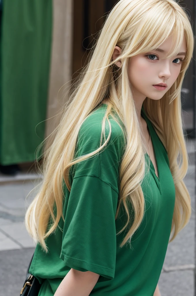 Long blonde hair、Green clothes