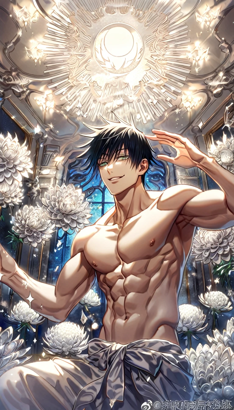 absurdres, highres, ultra detailed, HDR, master piece, best quality, extremely detailed, Fushiguro Touji, straight black hair, expressive green eyes, Jujutsu Kaisen, solo, sexy man, handsome, smile, toned chest, bare chest, without shirt, white baggy pants, fantasy, sparkling, silver glittering fireflies, silver moon, silver blossoms, silver chrysanthemums, silver sparkling lights, room, silver petals, magical