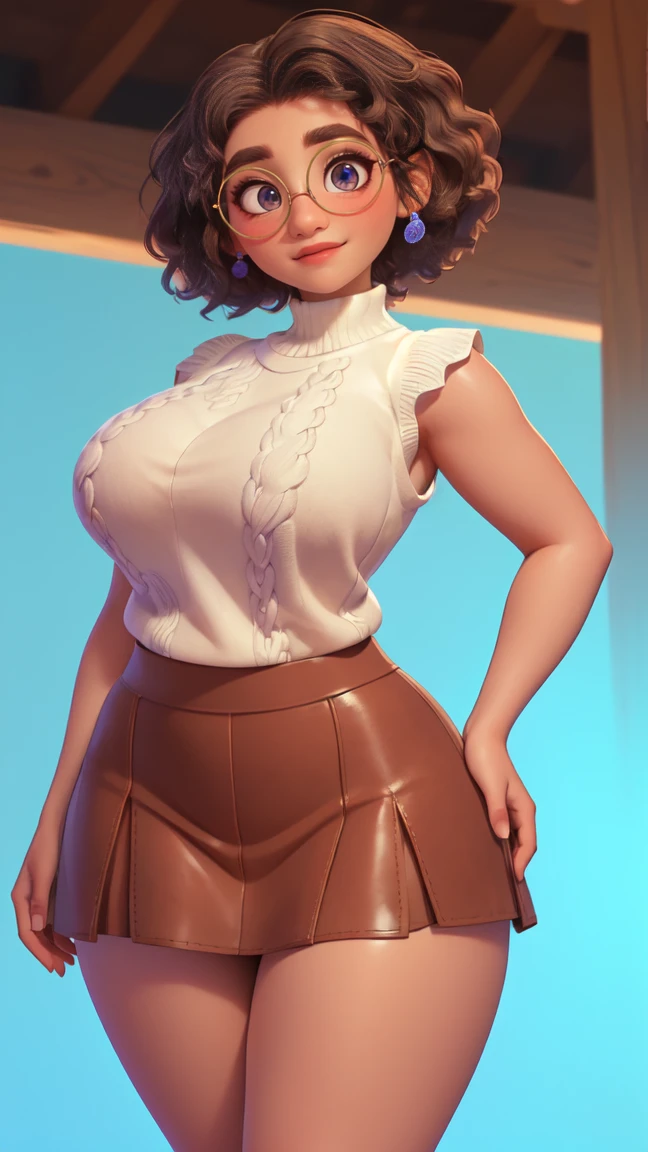 mirabel madrigal, Glasses, smile, ((sleeveless sweater)), market bottom, (((tube skirt))), (((brown leather))), detailed skin, perfect legs, perfect thighs, (((Curvy body))), big breasts, Invite to sex naked big tits in thong