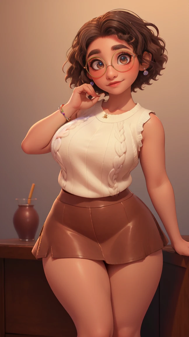 mirabel madrigal,  Glasses, smile, ((sleeveless sweater)), market bottom, (((tube skirt))), (((brown leather))), detailed skin, perfect legs, perfect thighs, (((Curvy body))), big breasts, Invite to sex naked big tits in thong 