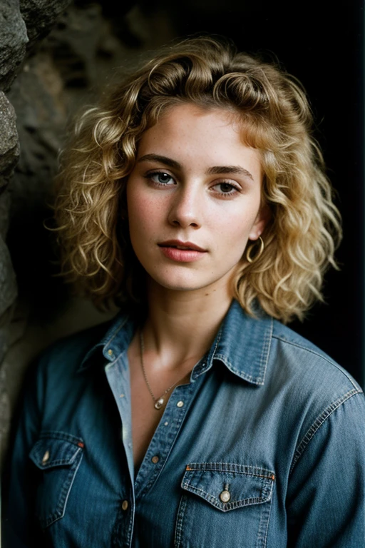 photograph of a woman, (excited facial expression), textured skin, goosebumps, blonde afro hair, plaid flannel shirt with distressed boyfriend jeans, cowboy shot, dark and mysterious cave with unique rock formations and hidden wonders, perfect eyes, (candlelight,chiaroscuro), Porta 160 color, shot on ARRI ALEXA 65, bokeh, sharp focus on subject, shot by Don McCullin