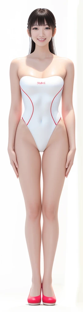 On a white background，A tall and beautiful Chinese girl，with fair skin，Toothy smile，A big smile，When you laugh, Your eyes are crescent-shaped，blunt bangs, long straight hair，Wear a one-piece swimsuit and pumps，Swimsuits are decorated with joyful patterns, Stand up straight，Stand upright，hands on sides，Symmetrical distribution，Ray tracing，All shaded areas，No windows, Soft lighting, Warm light, flood light, n, Studio light, 1.4x Realistic Ultra HD