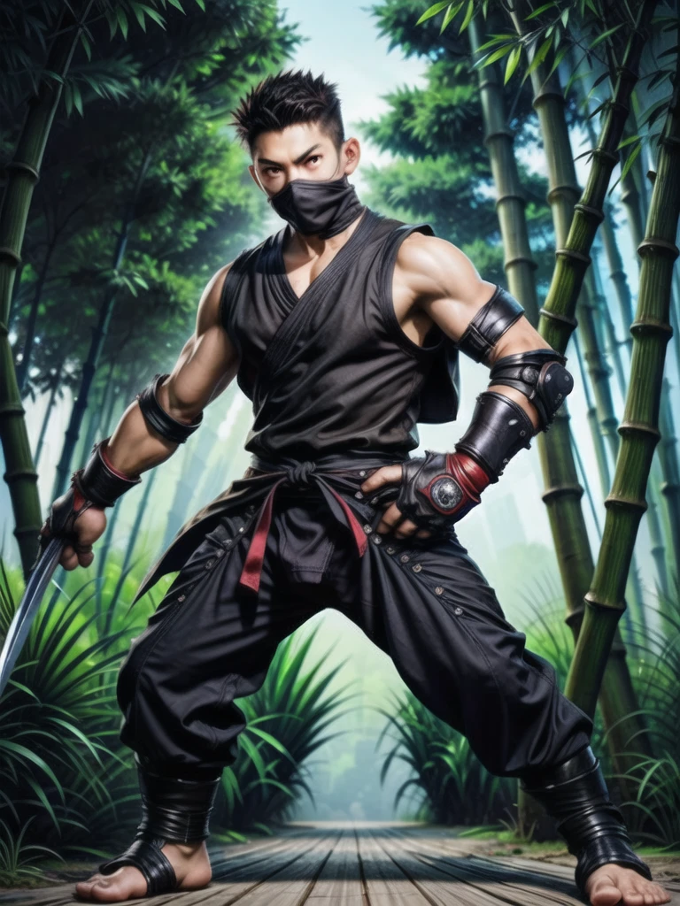 (((Cover your nose and neck with black cloth)))、Japanese men、Crotch bulge、dutch angle、(((fighting stance、battoujutsu stance,weapon)))、((Sleeveless ninja jacket))、(((Ninja Pants)))、(Arm tattoo)、(((feet out of frame、cowboy shot)))、Muscular、(Glowering look、looking at viewer、big eyes、furious)、((Bamboo grove)、sidecut Spiky hair、、((full body))、 Detailed Background, The finer details、Real、3K、Highest quality