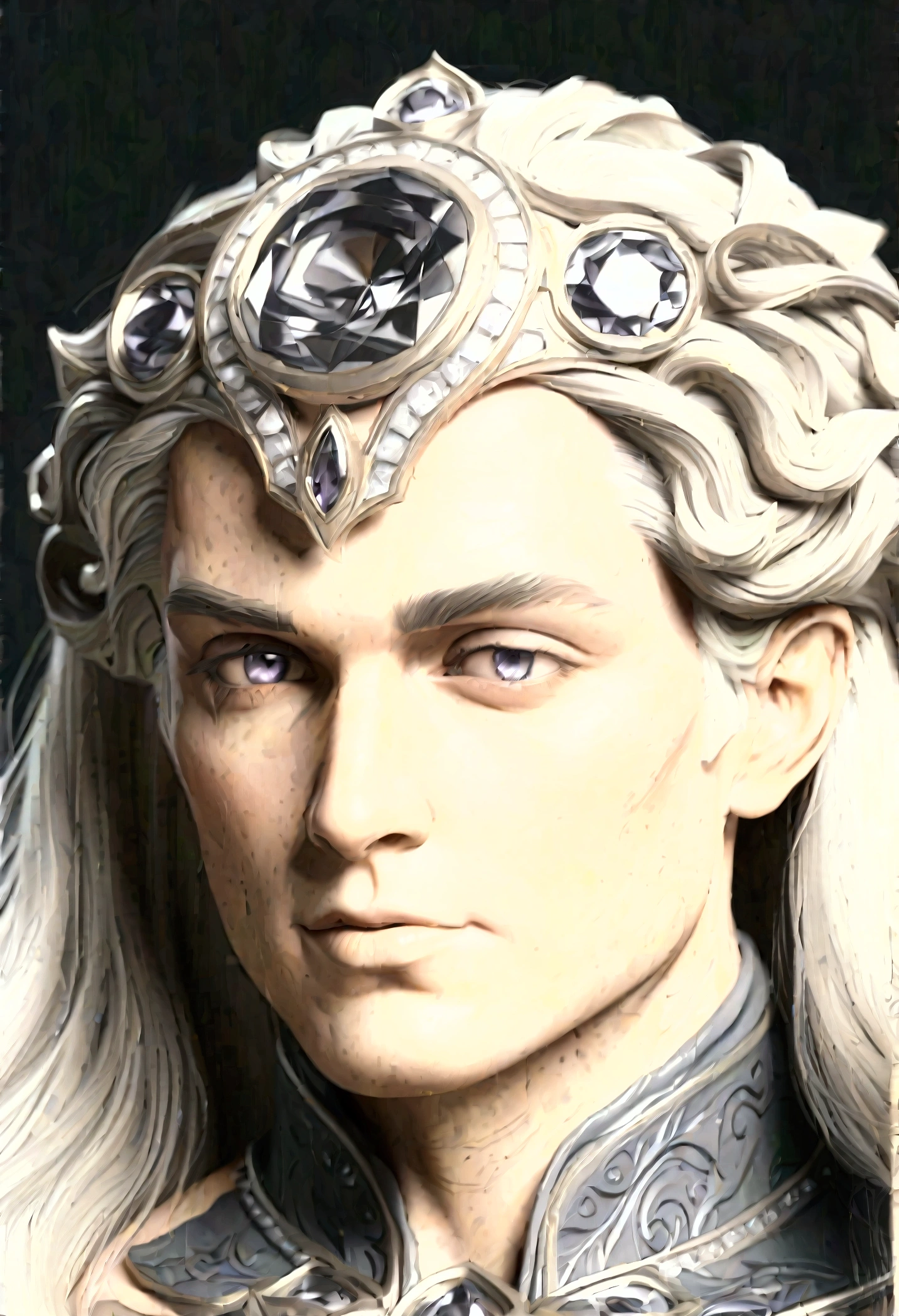 Age: Between 40 and 50 years old.
Height: Approximately 1.70 meters.
Physical: Athletic and curvy.
Skin: Clear and smooth.
Hair: Long, wavy blonde, usually pulled back in a ponytail.
Eyes: Dark brown.
Markings: A purple diamond seal on the forehead, characteristic of his clan. Totally naked