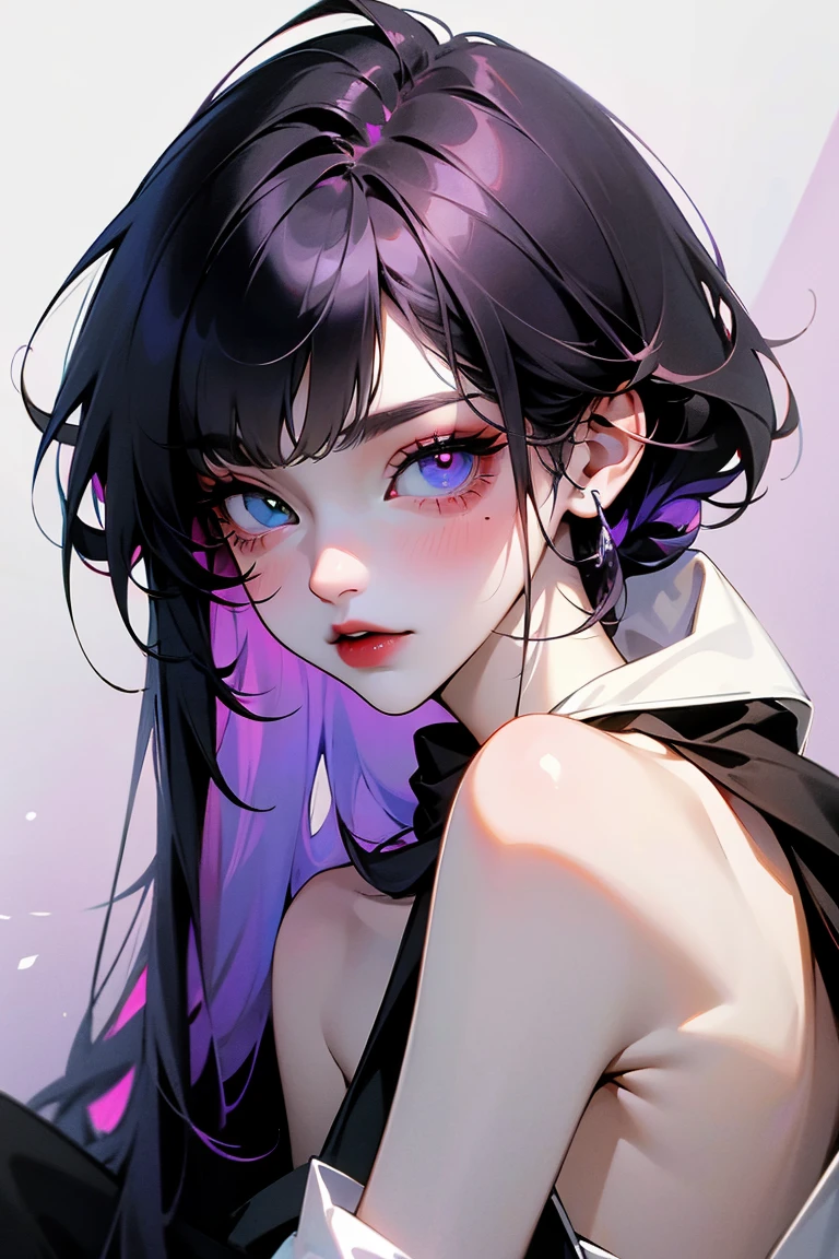 Boy with violet eyes has heterochromia black hair red lips white skin shoulder length hair 1,62