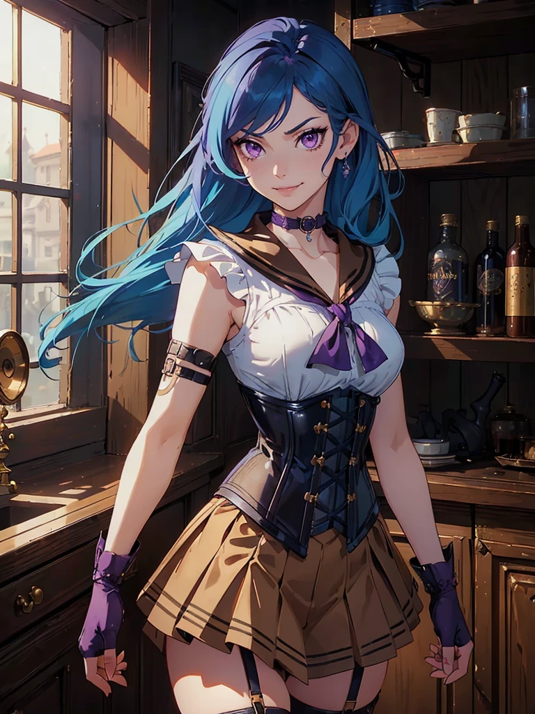 masterpiece, high quality, standing, 1_women, (upper body), (((looking_away_from_viewer))), (looking away), (bright blue hair), medium length hair, cute bangs, flowing hair, (exotic skin_complexion:1.4),mature, tall, diamond shaped eyes, (((purple eyes))), dark_eyeliner, long_eyelashes), (hands on hip), (purple fingerless_gloves), beautiful, exotic, elegant, slim, (((sailor collar))), black thigh highs, choker, medium bust, (brown steampunk corset), black Lolita style skirt, knee high heel with laces, (sleeveless), natural dynamic lighting, ((smirking)), steampunk, inside rustic tavern,
