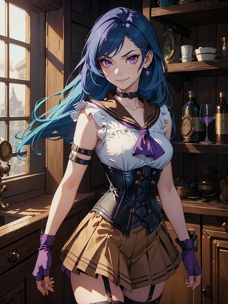 masterpiece, high quality, standing, 1_women, (upper body), (((looking_away_from_viewer))), (looking away), (bright blue hair), medium length hair, cute bangs, flowing hair, (exotic skin_complexion:1.4),mature, tall, diamond shaped eyes, (((purple eyes))), dark_eyeliner, long_eyelashes), (hands on hip), (purple fingerless_gloves), beautiful, exotic, elegant, slim, (((sailor collar))), black thigh highs, choker, medium bust, (brown steampunk corset), black Lolita style skirt, knee high heel with laces, (sleeveless), natural dynamic lighting, ((smirking)), steampunk, inside rustic tavern, 