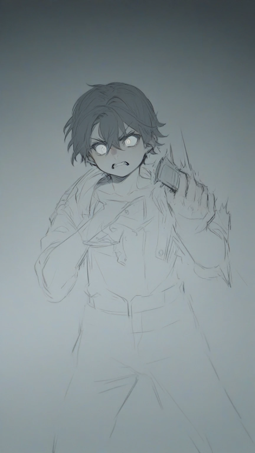 drawing of a kid in leather clothing holding a dagger in his right hand while he shows his teeth with fury and in his eyes you can see determination, he has black hair and a little corpulence