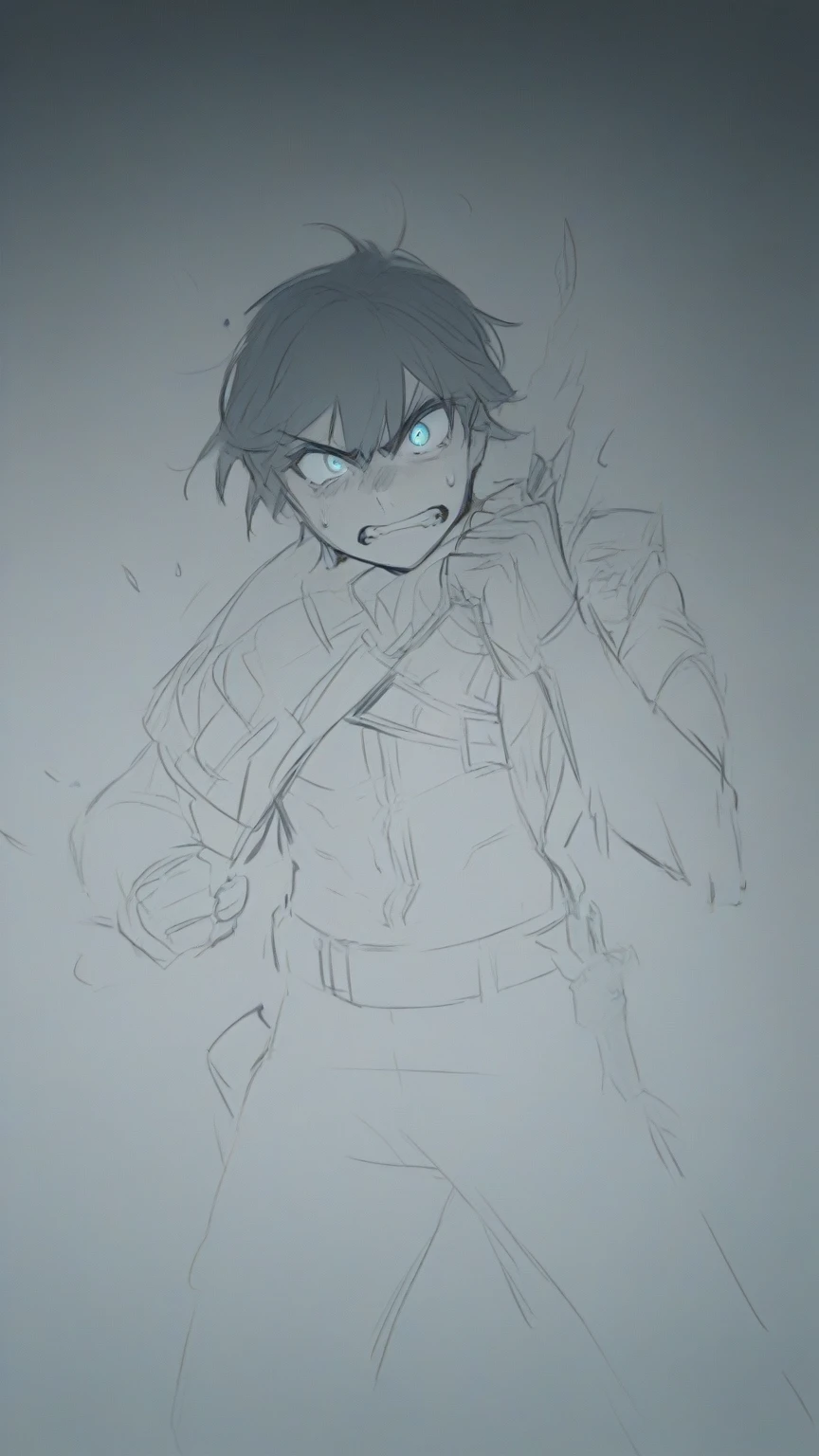 drawing of a kid in leather clothing holding a dagger in his right hand while he shows his teeth with fury and in his eyes you can see determination, he has black hair and a little corpulence