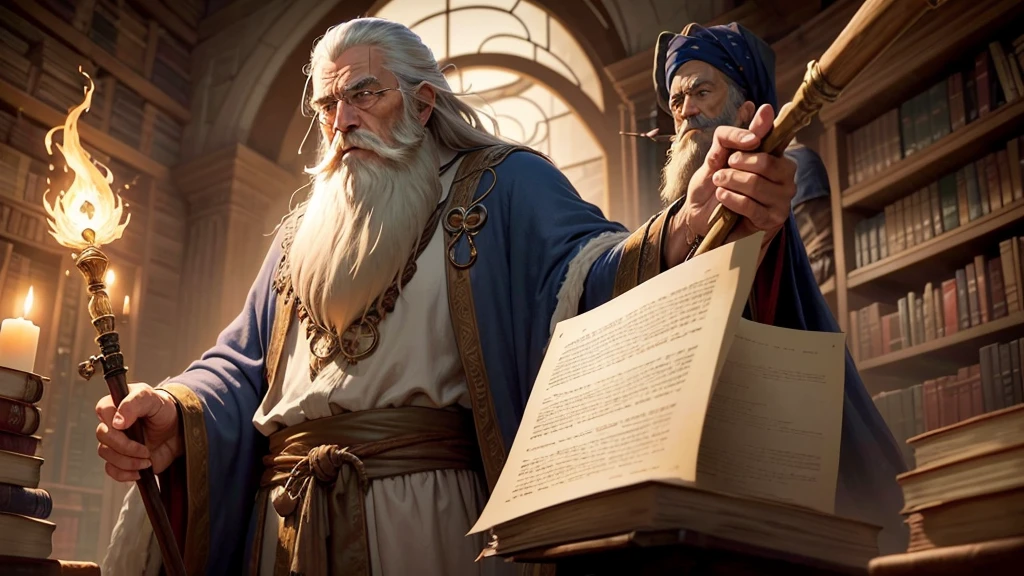 "Create an image of the Wise Old Sage, an elderly figure with a long beard and robes. He should be portrayed with a calm and wise demeanor, holding a staff or tome. The background can include a mystical, ancient library or a serene, magical environment."