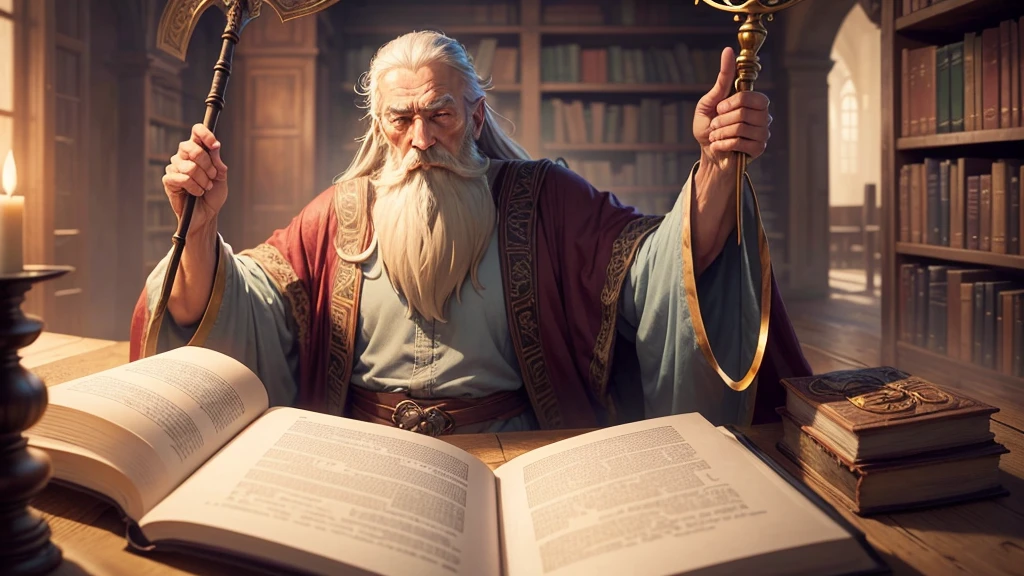 "Create an image of the Wise Old Sage, an elderly figure with a long beard and robes. He should be portrayed with a calm and wise demeanor, holding a staff or tome. The background can include a mystical, ancient library or a serene, magical environment."