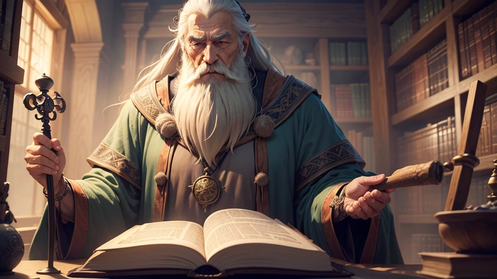 "Create an image of the Wise Old Sage, an elderly figure with a long beard and robes. He should be portrayed with a calm and wise demeanor, holding a staff or tome. The background can include a mystical, ancient library or a serene, magical environment."