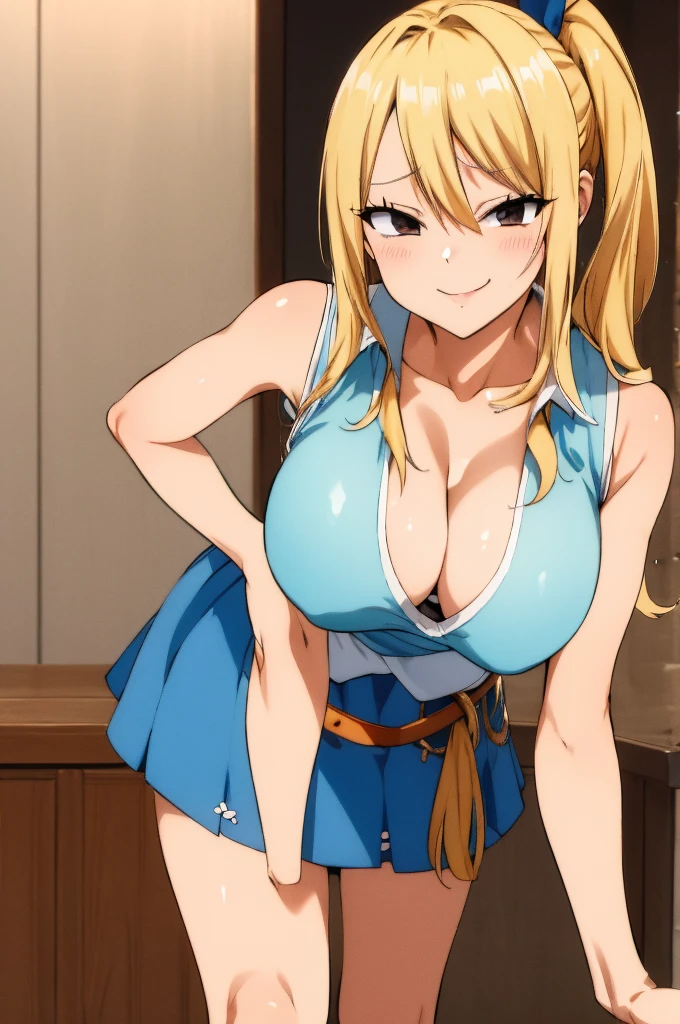 masterpiece, best quality, highres, lucy heartfilia, blonde hair, long hair, large breasts, white shirt, sleeveless, belt, blue skirt, cowboy shot, standing, leaning forward,