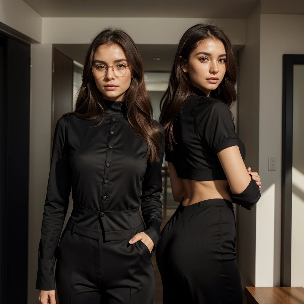 Create a very realistic and beautiful model with the following detailed features: Gender: Female, Age: Young adult (approximately 20-25 years old), Hair: Long, wavy and reddish with a natural shine, gently cascading around the shoulders and back back. . . . . . . . . . . . . , Eyes: Bright green with a captivating, slightly almond-shaped look, detailed with natural highlights, Skin: Fair complexion with a light texture, including natural freckles on the nose and cheeks, giving a youthful and vibrant appearance: Fair complexion with a light texture, including natural freckles on the nose and cheeks, giving a youthful and lively appearance, Face: with a smooth and natural contour, soft and full lips with a slight pinkish tint and a slightly delicate upturned nose, Expression : a gentle face, with a touch of mischief, which conveys warmth and approachability, Clothing: in a black suit and black sunglasses standing in an accentor, wearing a black suit, a black suit, a black outfit, a black suit and glasses, a black restrained suit, a black silky outfit, fashionable black clothes, a Girl in a suit, wears black clothes, Girl in a suit, Smooth black tight-fitting suit, wears an elegant outfit, haute couture chic, All black , Background: the model is in an accesor, start in open accesor,
Pose: relaxed and confident posture, start on an open roof, end of sunny day, sea view in the background. aesthetic, Unsplash, Neoclassicism, Complex background, Best quality, hyper detailed, Gratty Sita, 64K, Light design