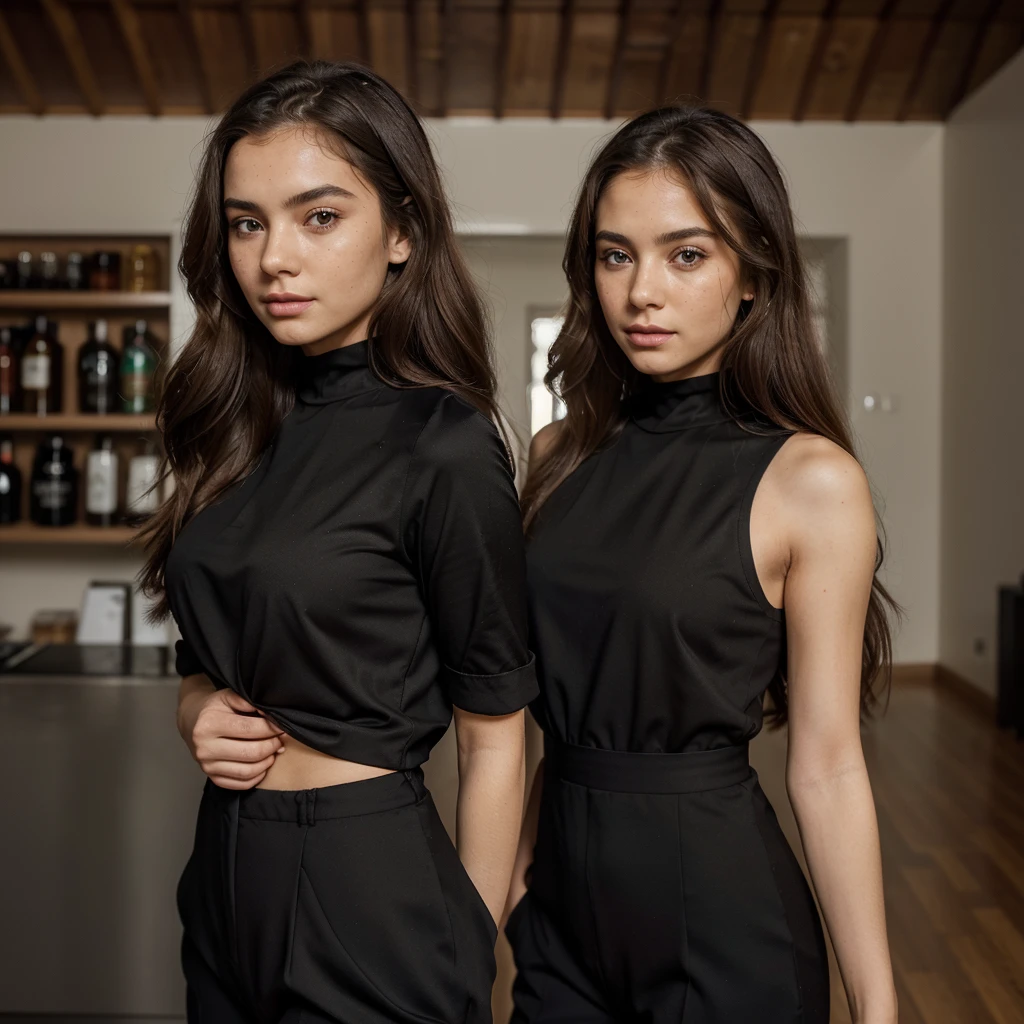 Create a very realistic and beautiful model with the following detailed features: Gender: Female, Age: Young adult (approximately 20-25 years old), Hair: Long, wavy and reddish with a natural shine, gently cascading around the shoulders and back back. . . . . . . . . . . . . , Eyes: Bright green with a captivating, slightly almond-shaped look, detailed with natural highlights, Skin: Fair complexion with a light texture, including natural freckles on the nose and cheeks, giving a youthful and vibrant appearance: Fair complexion with a light texture, including natural freckles on the nose and cheeks, giving a youthful and lively appearance, Face: with a smooth and natural contour, soft and full lips with a slight pinkish tint and a slightly delicate upturned nose, Expression : a gentle face, with a touch of mischief, which conveys warmth and approachability, Clothing: in a black suit and black sunglasses standing in an accentor, wearing a black suit, a black suit, a black outfit, a black suit and glasses, a black restrained suit, a black silky outfit, fashionable black clothes, a Girl in a suit, wears black clothes, Girl in a suit, Smooth black tight-fitting suit, wears an elegant outfit, haute couture chic, All black , Background: the model is in an accesor, start in open accesor, Pose: relaxed and confident posture, start on an open roof, end of sunny day, sea view in the background. aesthetic, Unsplash, Neoclassicism, Complex background, Best quality, hyper detailed, Gratty Sita, 64K, Light design