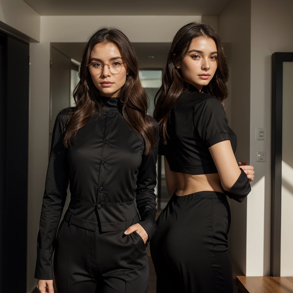 Create a very realistic and beautiful model with the following detailed features: Gender: Female, Age: Young adult (approximately 20-25 years old), Hair: Long, wavy and reddish with a natural shine, gently cascading around the shoulders and back back. . . . . . . . . . . . . , Eyes: Bright green with a captivating, slightly almond-shaped look, detailed with natural highlights, Skin: Fair complexion with a light texture, including natural freckles on the nose and cheeks, giving a youthful and vibrant appearance: Fair complexion with a light texture, including natural freckles on the nose and cheeks, giving a youthful and lively appearance, Face: with a smooth and natural contour, soft and full lips with a slight pinkish tint and a slightly delicate upturned nose, Expression : a gentle face, with a touch of mischief, which conveys warmth and approachability, Clothing: in a black suit and black sunglasses standing in an accentor, wearing a black suit, a black suit, a black outfit, a black suit and glasses, a black restrained suit, a black silky outfit, fashionable black clothes, a Girl in a suit, wears black clothes, Girl in a suit, Smooth black tight-fitting suit, wears an elegant outfit, haute couture chic, All black , Background: the model is in an accesor, start in open accesor, Pose: relaxed and confident posture, start on an open roof, end of sunny day, sea view in the background. aesthetic, Unsplash, Neoclassicism, Complex background, Best quality, hyper detailed, Gratty Sita, 64K, Light design
