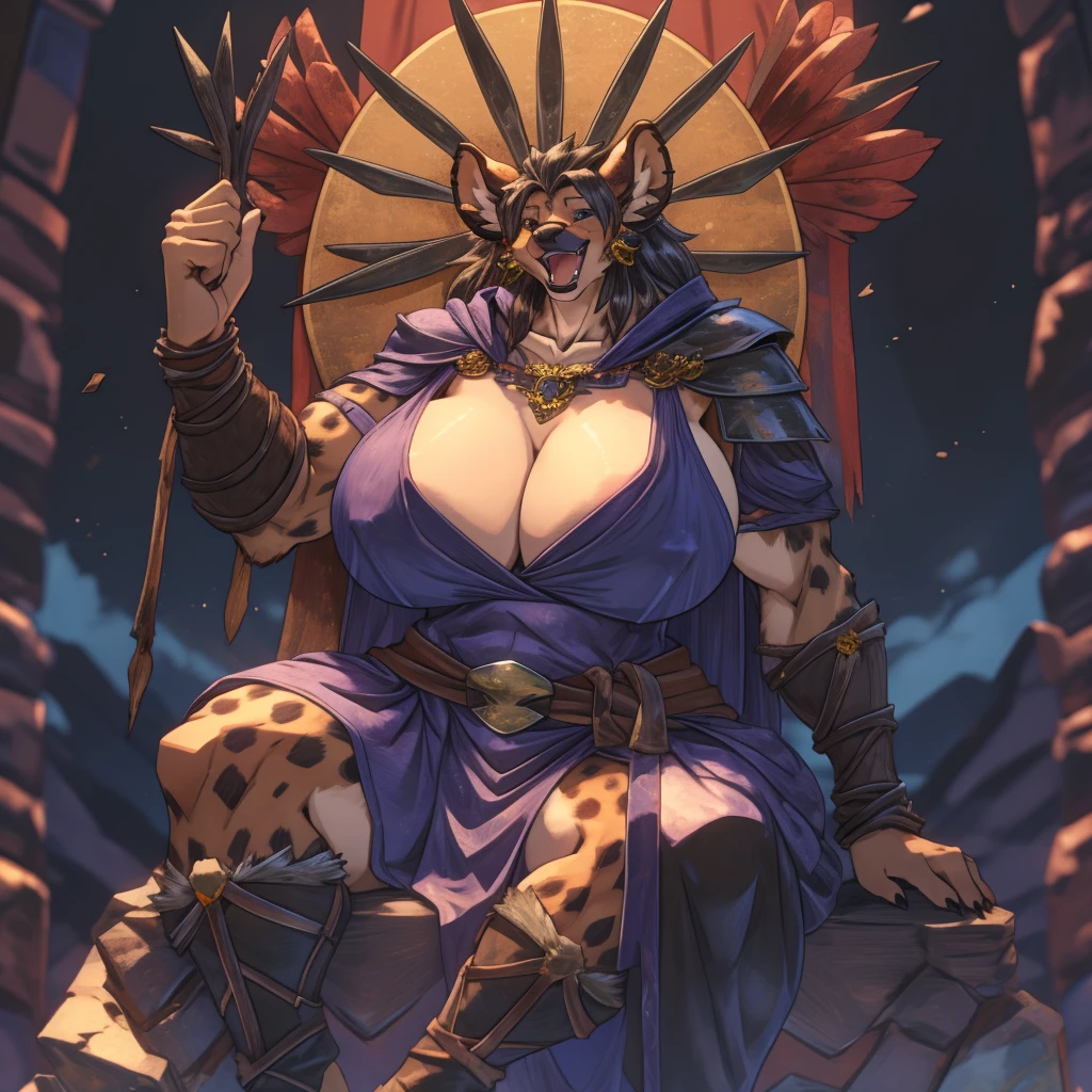 uploaded to e621.net, masterpiece, 8k, hyena woman, matriarch, barbarian outfit, wooden throne, seated, huge breasts, laughing,