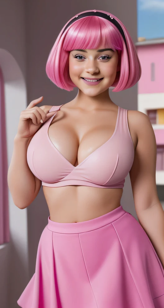(((girl ))) ,sexly Mädchen rosa miniskirt und Spitzenstrümpfe, ((Stephanie from lazy town)) ,happy face,, Lip Gloss、smiling face、(((Full-length portrait)))、( BH(pink))、( mini skirt(pink))、((colorful short hair(pink))), good quality, Realist, Highly detailed 8k unified CG wallpaper, Very detailed, professional photography, cinematic light, Beautifully detailed, Super Detail, high detailed, Depth of field, lightning, Neonstraße, Super stylish lighting ,sexly, (curvy), (deep cleavage),