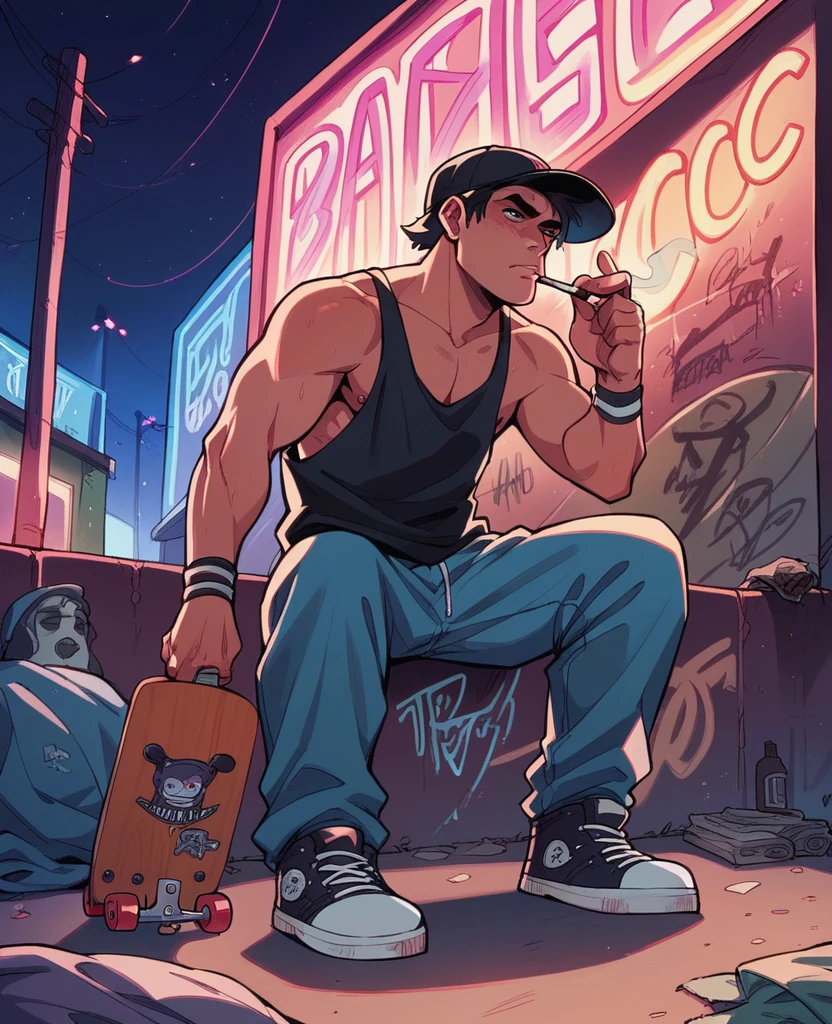 Dark, guy, baggy clothes, black tank top, mullet, smoking, night, neon lights, graffiti, skatepark, american