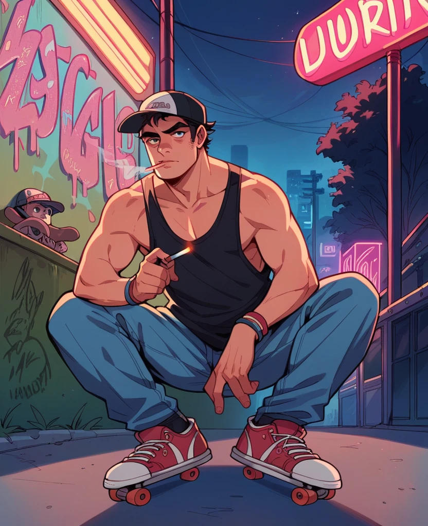 Dark, guy, baggy clothes, black tank top, mullet, smoking, night, neon lights, graffiti, skatepark, american