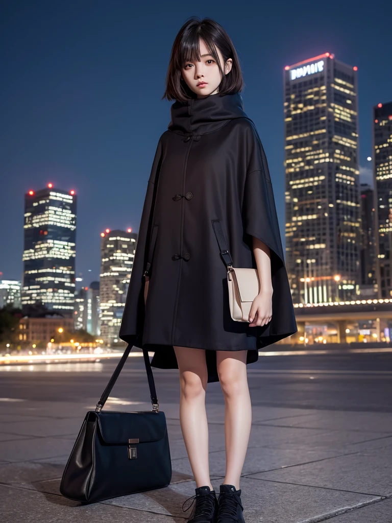 Night Sky, city,  One girl, Are standing, alone, whole body, , Maribe, puffy short sleeve,  Cape, bag