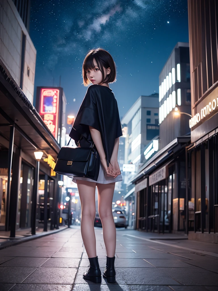 Night Sky, city,  One girl, Are standing, alone, whole body, , Maribe, puffy short sleeve,  Cape, bag