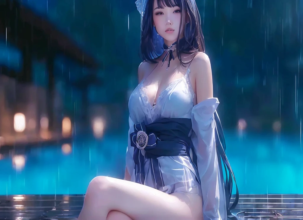 girl sitting on the ground in the rain, beautiful and seductive woman, detailed photo realistic.