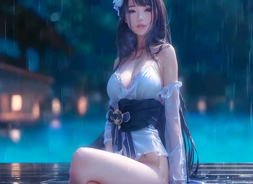 girl sitting on the ground in the rain, beautiful and seductive woman, detailed photo realistic.