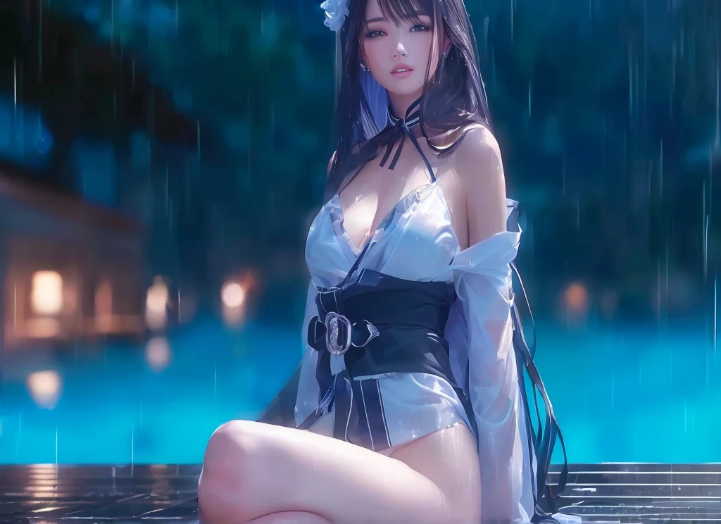girl sitting on the ground in the rain, beautiful and seductive woman, detailed photo realistic.