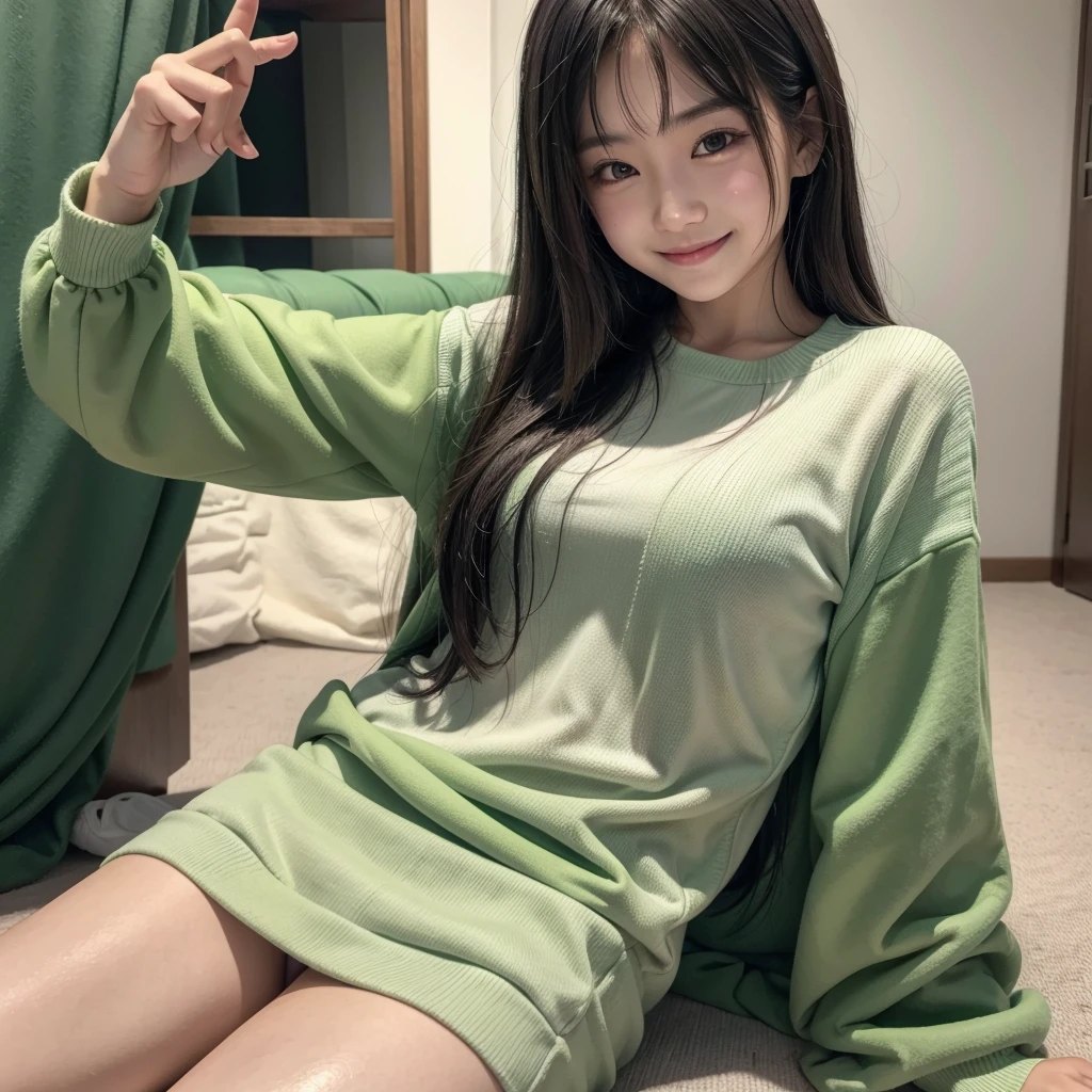 An Asian girl in green and white clothes smiling and showing middle finger 